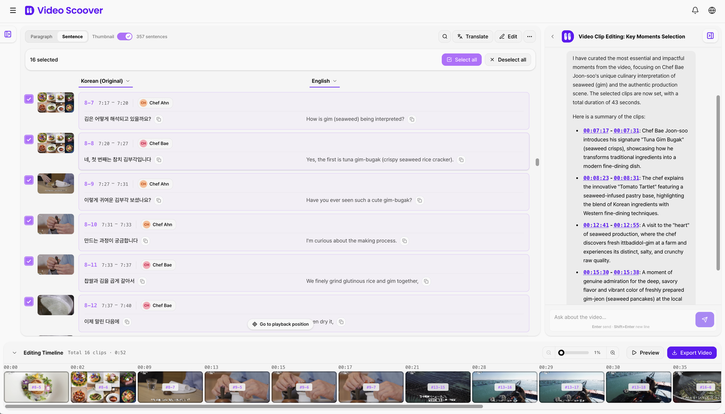 Video Scoover AI video editing workspace